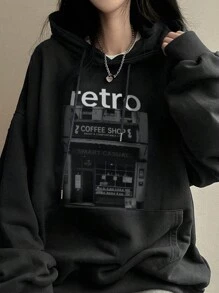 DAZY Women Hooded Pattern Printed Loose Pocket Fleece Sweatshirt,Fall Clothes,Winter Hoodies - Black - View 4