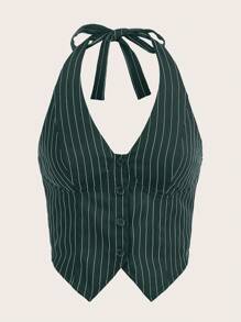 Muchica Summer Outfits Striped Print Button Front Halter Top - Dark Green - View 1