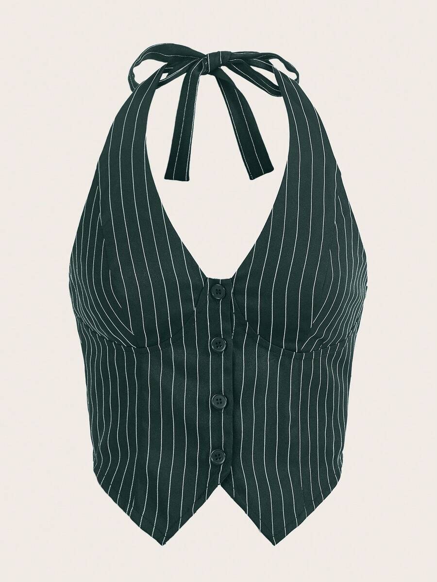 Muchica Summer Outfits Striped Print Button Front Halter Top - Dark Green - View 1