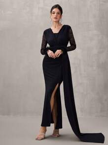 SHEIN Belle 女士优雅 V 领拼接蓬松网眼透视袖高开叉紧身晚礼服，黑色长袖礼服，适合婚礼嘉宾、毕业典礼、晚宴 - 藏蓝色 - 查看 3