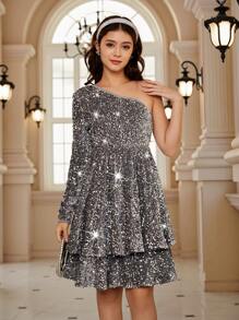 Teen Girl Elegant Sequin Bead Embroidery Asymmetrical Neck Long Sleeve Mini Dress, Suitable For Teens Girls, Autumn/Winter, Party & - Grey - View 5