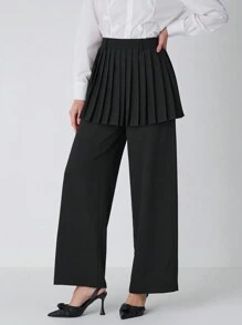 Enchnt Women's Black Solid Color Commuting Casual / Fashionable Outing / Versatile / Women's Elegant Black Solid Color Patchwork Pleated Skirt Culottes Wide Leg Loose Pants, Suitable For Winter, New Years Clothes, Elegant Women Pants,For Christmas Party&Romantic Dinner Dates - Black - View 7