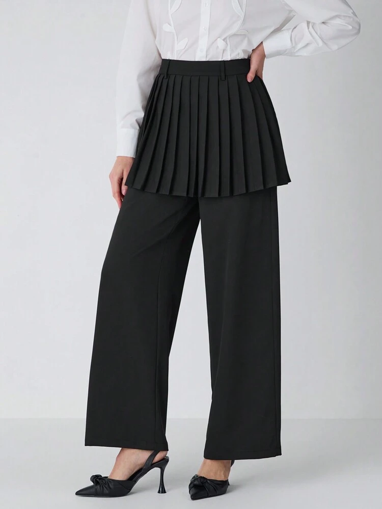 Women's Black Solid Color Commuting Casual / Fashionable Outing / Versatile / Women's Elegant Black Solid Color Patchwork Pleated Skirt Culottes Wide Leg Loose Pants, Suitable For Winter, New Years Clothes, Elegant Women Pants,For Christmas Party&Romantic Dinner Dates