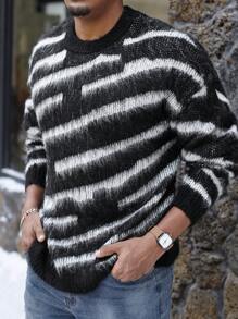 Manfinity Homme Plus Size Men's Striped Print Crew Neck Casual Pullover Sweater - Multicolor - View 4