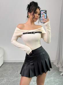 Chiquease Blouse élastique à encolure dégagée et col pour femmes, automne - Nude - Voir 4