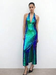 Maija 都市时尚优雅派对及新年连衣裙，绿色亮片点缀，露背设计，收腰 - 綠色 - 查看 6