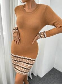 SHEIN Clasi Đầm len dài tay cổ tròn in họa tiết hình học cho nữ - màu nâu - Xem 5