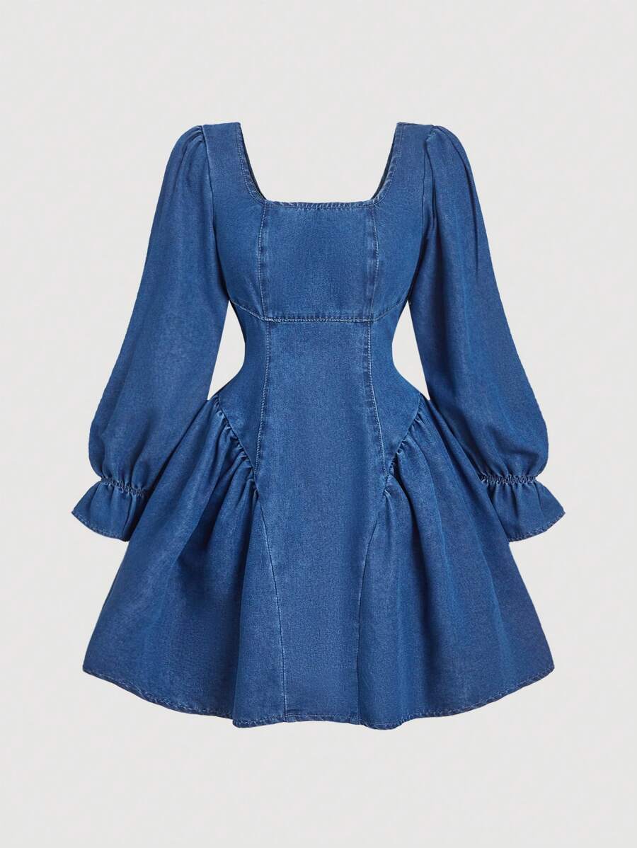 SHEIN MOD Vestido Jeans de Manga Longa com Decote Quadrado Mini para Mulheres, Vestidos Elegantes Femininos, Roupas de Festa Femininas, Vestido de Natal, Vestido Feminino de Manga Longa, Vestido Azul de Manga Longa, Vestido Fofo, Vestido Jeans Longo - Lavagem Média - Visão 1