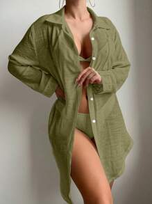 Swim Basics 女式纯色前扣长袖口袋简约休闲和服罩衫夏季 - 橄欖綠 - 查看 4