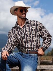 Manfinity Homme Manfinity Nomadique 男士波西米亚风几何印花长袖单排扣宽松休闲衬衫，秋季，印花图案衬衫，男友礼物 - 彩色 - 查看 3