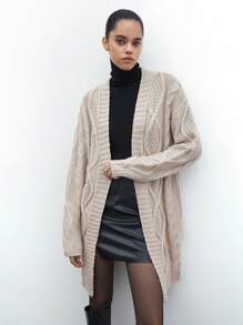 Maija Urban Elegant Casual Outdoor Retro Women Camel Color Cable Long Knit Cardigan, Autumn/Winter New Arrival