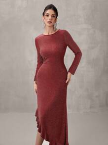 SHEIN Belle Women's Round Neck Long Sleeve Ruffle Sequin Patchwork Gown For Party/Banquet, Fashion Autumn And Winter Banquet Party Festival Princess Socialite Elegant Internet Celebrity Popular Dress, Daily Wear Elastic Gold Thread Fabric Dress, Formal Dinner Ball Dress, Christmas, New Year's Eve Can Be Worn For New Year, Wedding Guest Dress