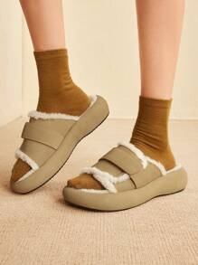 CUCCOO EASI Sandalias deslizantes con plataforma de peluche a la moda y todo a juego para mujeres, otoño e invierno - Caqui - Ver 4