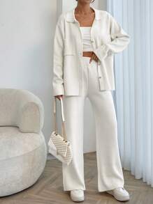 EURMUSE Women Solid Color Collar Neck Front Button Pocket Detailed Pullover & Sweater Pants Set - Beige - View 4
