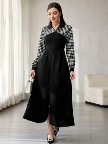 Mulvari Women's Patchwork Houndstooth Zipper Front Long Sleeve Elegant Arabian Modest Dress - Black and White - View 6