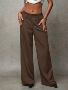 SHEIN BAE Women's Solid Color Commute Casual/Fashionable Street/All-Match Relaxed/Old Money Style Lace Contrast Waist Pockets Wide Leg Loose Pants - Coffee Brown - View 4