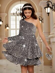 Teen Girl Elegant Sequin Bead Embroidery Asymmetrical Neck Long Sleeve Mini Dress, Suitable For Teens Girls, Autumn/Winter, Party & - Grey - View 1