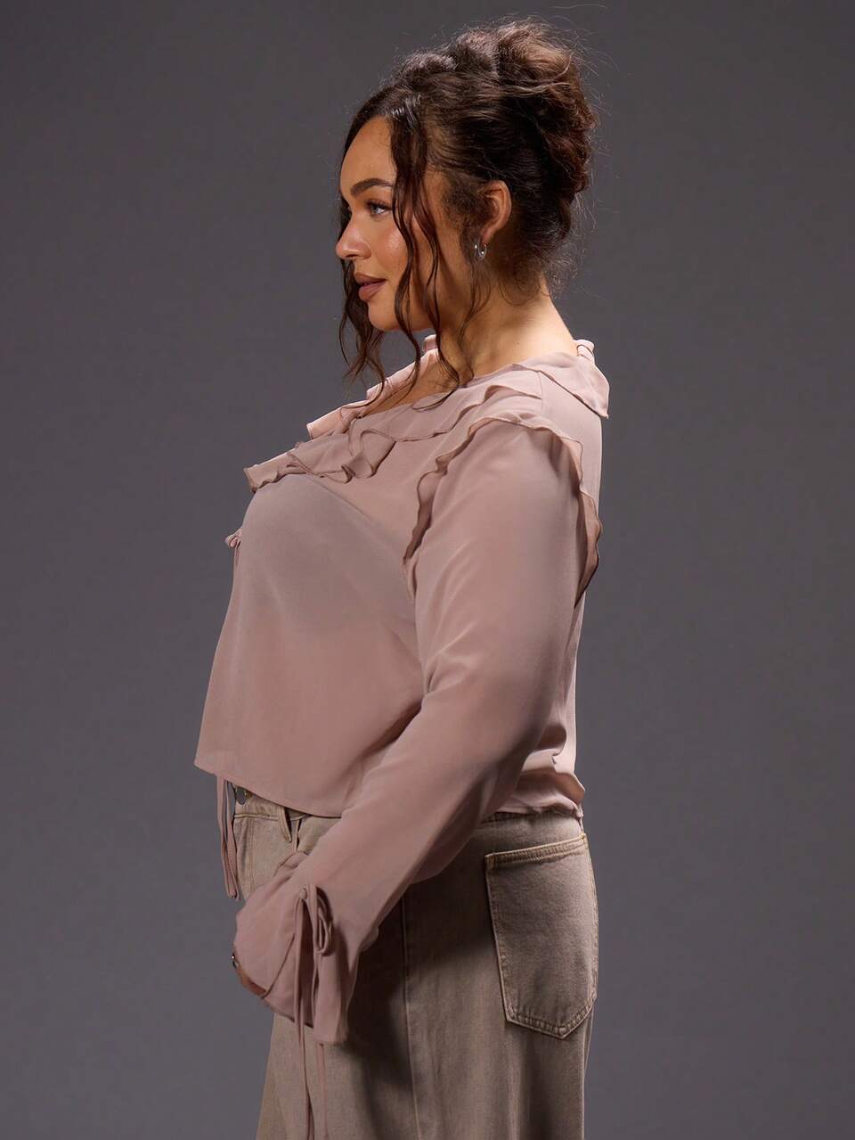 Curve Sheer Front Tie Ruffle Long Sleeve Top For Going Out, Party, Club, Rave, Concert, Festival, Sexy, Date Night Spring Summer Holiday