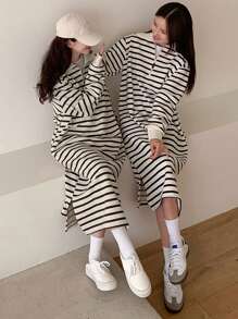 DAZY 女式条纹宽松翻领中长款衬衫裙，秋季服装 - 黑與白 - 查看 8
