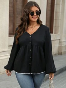 SHEIN LUNE Plus Size Casual Button Front Solid Color Long Sleeve Shirt Blouse