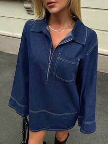 Forever 21 Winter Women Clothes New Autumn/Winter Loose Collar Half-Zip Long Sleeve Denim Wash Casual Mini Dress Santa Dress Winter Clothes Christmas Women Clothes Christmas Skirt Thanksgiving Women Outfit Christmas Party Women Dress New Year Eve Dress Thanksgiving Dress New Years Thanksgiving Women Dress Christmas Clothes Holiday Dress New Years Dress Christmas Party Dress Women Clothing Winter Women Skirts Winter Women Outfits Birthday Women Outfits Essential - Blue - View 5