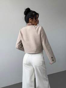 Aloruh Women's Casual Chic Plain Solid Round Neck Long Sleeve Tweed Jacket Women Winter Coat Outwear Women Winter Clothes Short Jacket - Khaki - View 2