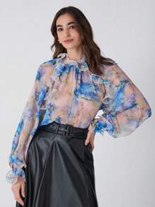 Enchnt Women Ruffled Cuff Sheer Allover Floral Print Elegant Work Long Sleeve Blouse,Fashionable For Daily Wear,For Christmas Party&Romantic Dinner Dates - Blue - View 1