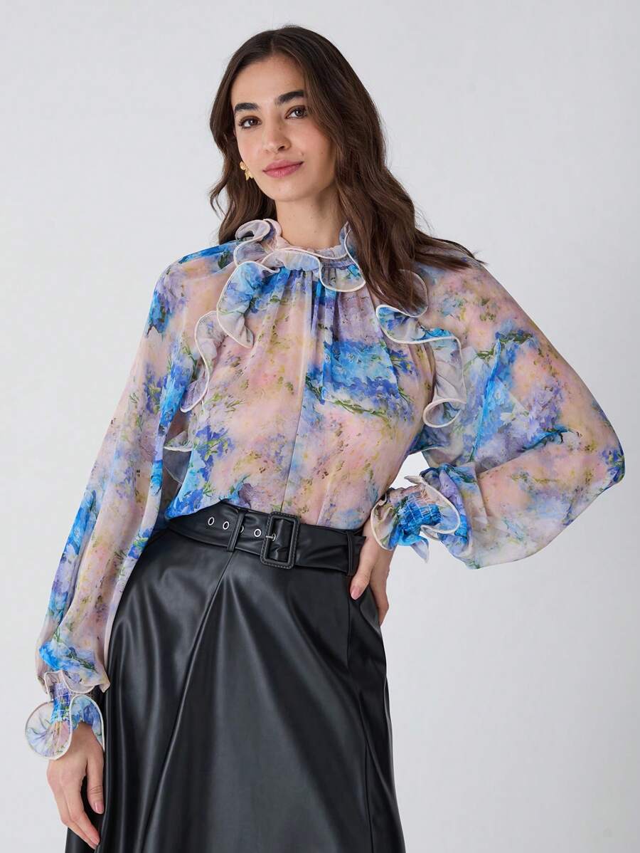 Enchnt Women Ruffled Cuff Sheer Allover Floral Print Elegant Work Long Sleeve Blouse,Fashionable For Daily Wear,For Christmas Party&Romantic Dinner Dates - Blue - View 1