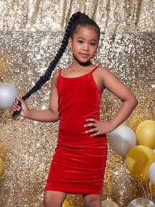 SHEIN Tween Girl Christmas Party Occasion Elegant Adjustable Strap Ruched Velvet Bodycon Dress - Red - View 1