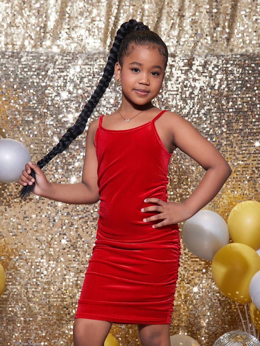 SHEIN Tween Girl Christmas Party Occasion Elegant Adjustable Strap Ruched Velvet Bodycon Dress - Red - View 1