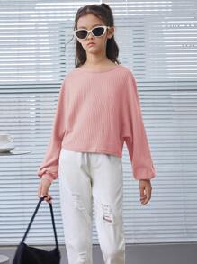 SHEIN Leap Crew Tween Girls Loose Retro Short Crew Neck Ribbed Long Sleeve T-Shirt - Dusty Pink - View 7