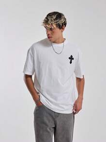 Musero Crew Neck Short Sleeve Drop Shoulder Oversized Cross Patch Detail Tshirt Top Spring Summer Essentials - White - View 5