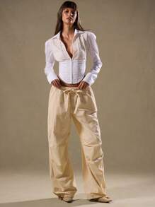 MUSERA 抽绳工装裤 度假风 优雅休闲 可爱夏季 - 卡其色 - 查看 1