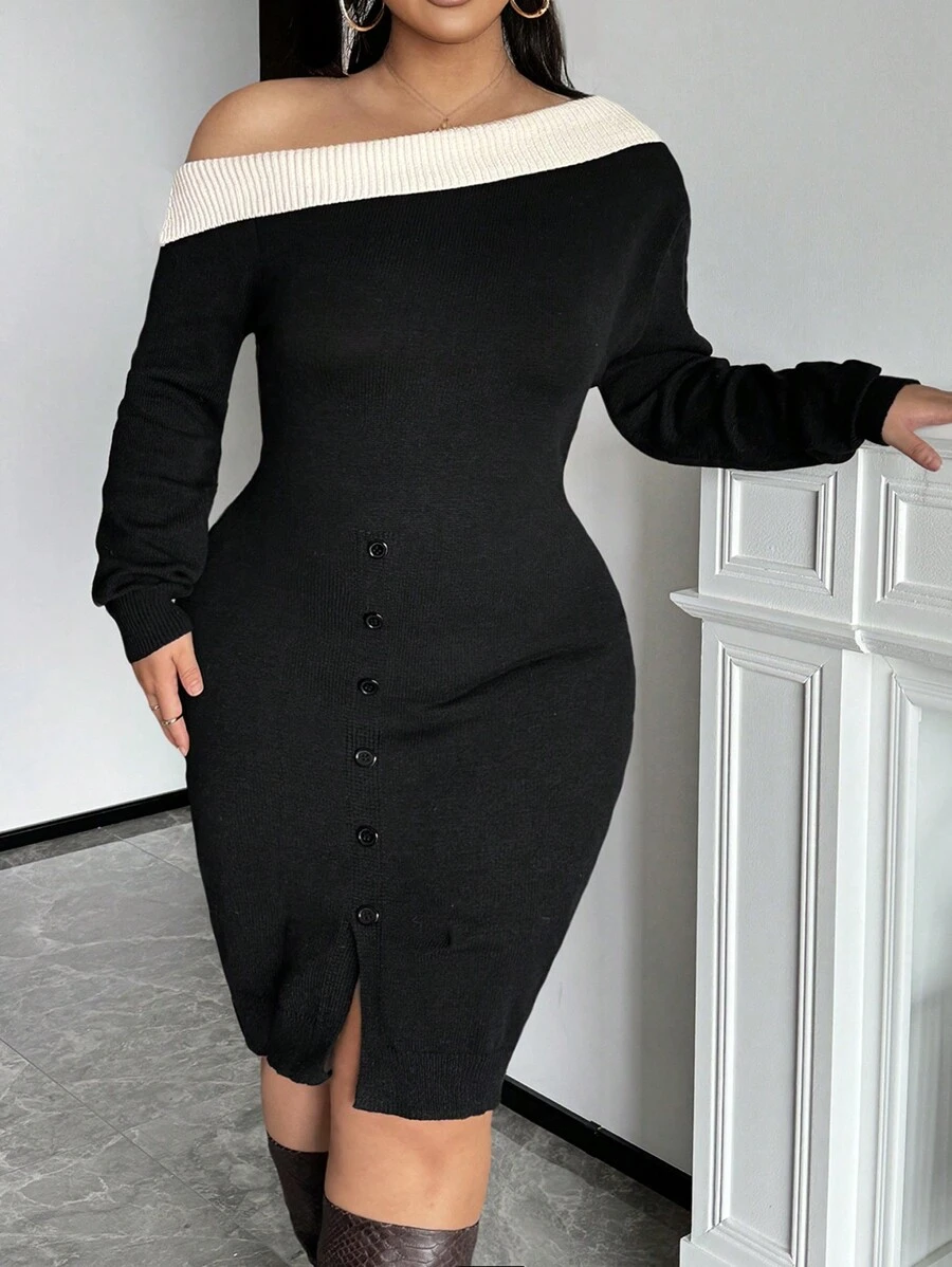 SHEIN Frenchy 优雅简约拼色斜肩针织毛衣裙，适合办公室、休闲约会和聚会，秋冬季 - 黑色 - 查看 1