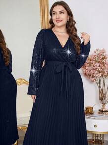 Modelyn Váy xếp ly sequin chắp vá thanh lịch cỡ lớn, mùa thu, váy dự tiệc chữ A sang trọng thanh lịch, dành cho tiệc tối/khách dự tiệc cưới/trang phục Maxi dành cho nữ - Màu xanh hải quân - Xem 3