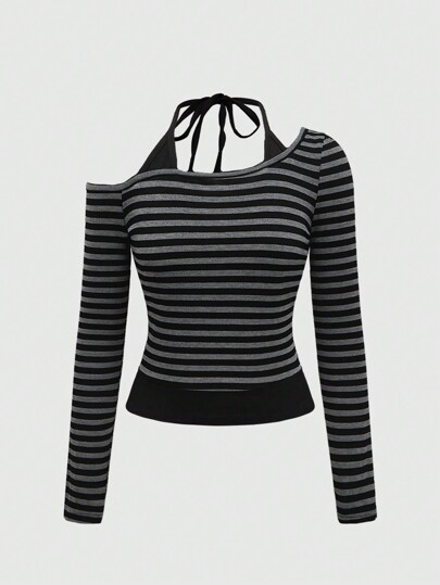 Grunge Punk Sexy Y2K Streetwear Asymmetrical Neck Striped Colorblock Halter Tie Bow T-Shirt For Women