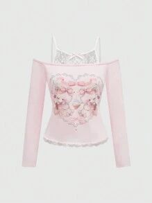 ROMWE Fairycore 女士可爱二合一撞色蕾丝蝴蝶结和熊印花长袖 T 恤 - 粉色 - 查看 1