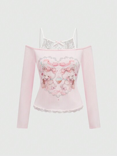 Kawaii Damen Himekaji Große Größen Süßer Bären-Muster Spitze Patchwork Schleife Dekor Langarm T-Shirt