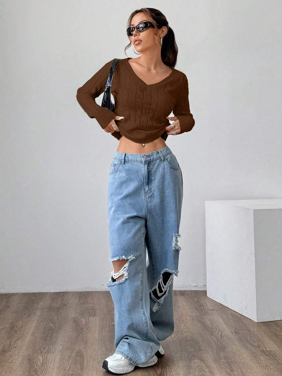 SHEIN Unity Women's Solid Color V-Neck Cable Knit Sweater, Versatile Campus Style For Autumn/Winter Knit Pullover Fall Outfit - Chocolate Brown - View 1