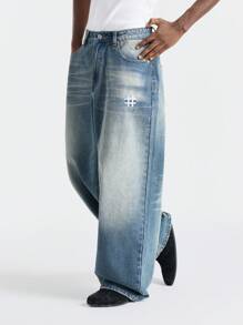 NEON BLANC Men's Embroidery Contrast Color Pocket Casual Loose Fit Denim Jeans