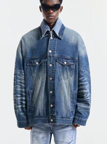 NEON BLANC 男士宽松街头时尚蓝色牛仔长袖夹克 - 藍色 - 查看 3