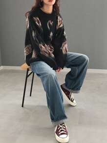 FRIFUL Women Crew Neck Long Sleeve Pattern Detail Casual Loose Knit Sweater,Fall Women Clothes