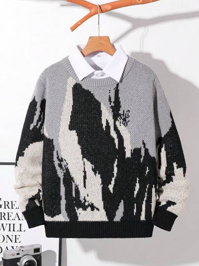 男童撞色圆领毛衣，冬季款，适合男孩感恩节、圣诞节、家庭穿着