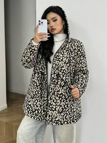 SHEIN EZwear 大码女式休闲豹纹收腰连帽加厚外套，可双面穿 - 彩色 - 查看 6