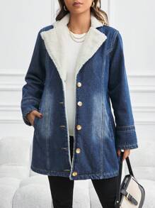 SHEIN Maternity Denim Jacket With Lining, Casual Long Sleeve Fitted Blue