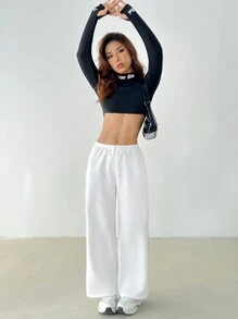SHEIN PETITE Casual Essential Simple White Drawstring Waist Loose Sweatpants - White - View 3