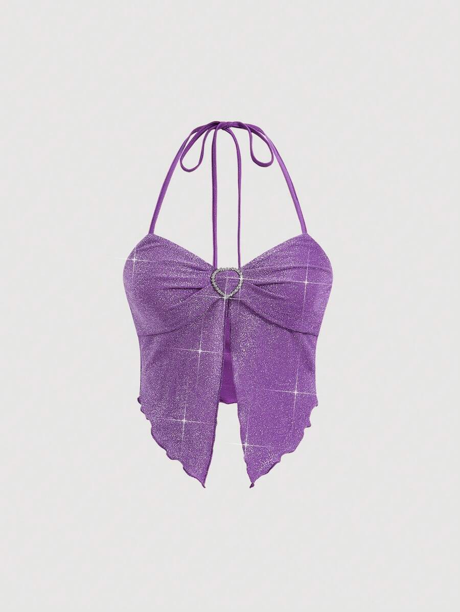 SHEIN MOD Women Neck-Tie Heart Button Ruched Asymmetrical Hem Cami Top - Purple - View 1