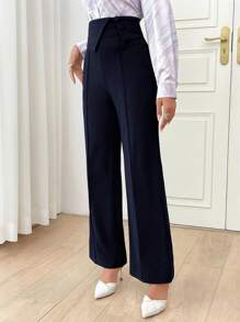 Modelyn Women's Solid Color High Waist Button Design Wide Leg Loose Elegant Dress Pants In Fall/Winter - Navy Blue - View 5