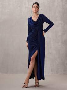 SHEIN Belle 女装时尚秋冬宴会派对公主名媛优雅网红流行连衣裙日常穿着超高弹针织金线面料紧腰提臀修身超长大码连衣裙，领口褶皱设计时尚修身扭纹设计连衣裙，蓝色连衣裙正式晚宴鸡尾酒会礼服，圣诞装，小名媛礼服，舞会半正式礼服，适合生日，婚礼嘉宾，毕业典礼，返校节 - 彩色 - 查看 5