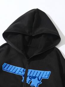 SHEIN Unity 女式休闲字母印花拉链连帽衫，秋冬季 - 黑色 - 查看 3
